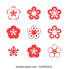 Cherry blossom sign. Sakura icon set. Isolated flowers on white background. Vintage style vector