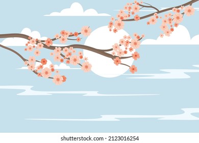 Cherry blossom silhouette. Cherry blossoms in spring with sunrise and blue clouds background 