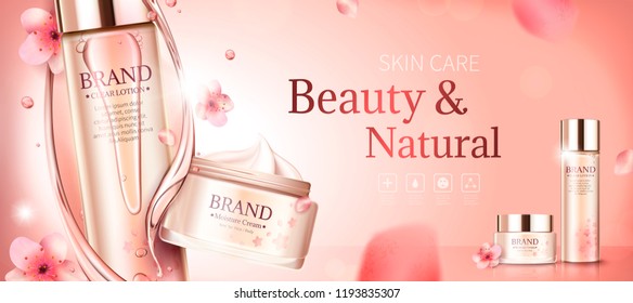 Cherry blossom skin care banner ads with swirl essence and petals in 3d illustration