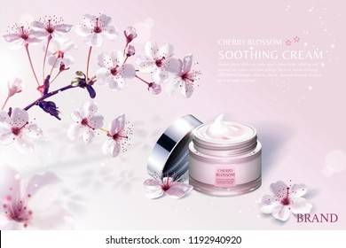 Cherry blossom skin care product ads with breathtaking sakura blossoms on light pink background in 3d illustration