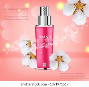 Cherry blossom spray cosmetics Vector realistic. Product packaging mockup. Moisturizer hydration cosmetics. Detailed pink bottle with label design. 3d template illustrations
