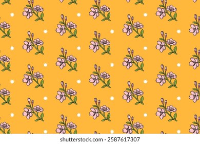 cherry blossom sprig with star colorful seamless pattern on yellow background. stem of cherry blossom doodle illustration pattern background. cherry blossom sprigs background for florist merchandise