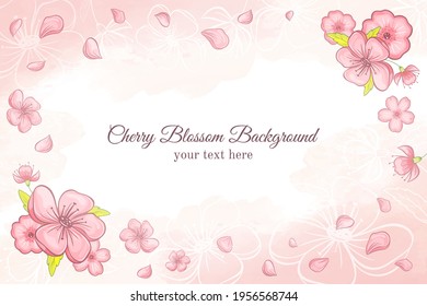 Cherry blossom spring background. Japanese sakura flowers. Best for wedding invitation, greeting card. Watercolor pink background. Vector.