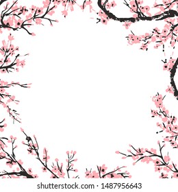 Cherry blossom spring floral template with hand drawnes branch with pink cherry flowers blooming.  Sakura blossoming banner template. Chinese or Japanese traditional drawing. Vector.