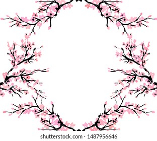 Cherry blossom spring floral template with hand drawnes branch with pink cherry flowers blooming.  Sakura blossoming banner template. Chinese or Japanese traditional drawing. Vector.