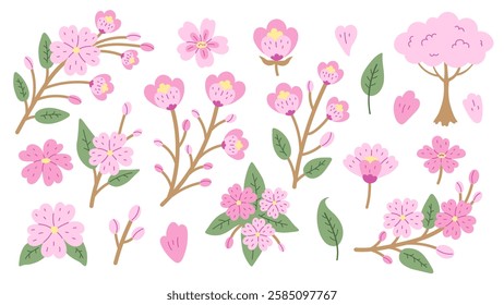 Cherry Blossom Spring Flowers Vector Set. Collection of hand drawn pink Sakura blooming plants branches twigs petals leaves. Springtime Hanami illustrations