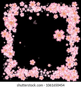 Cherry blossom square frame or border isolated on black