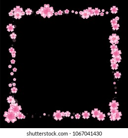 Cherry blossom square frame or border isolated on black