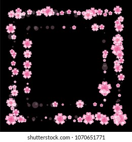 Cherry blossom square frame or border isolated on black