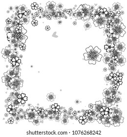 Cherry blossom square frame or border isolated on white. Black and white outline. Coloring book