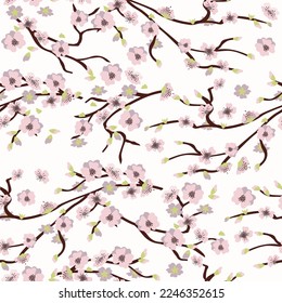 Cherry blossom, sweet floral seamless pattern, pink flowers, spring, Japanese sakura, cherry. Hand drawn. Vector - Shutterstock ID 2246352615