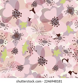 Cherry blossom, sweet floral seamless pattern, pink flowers, spring, Japanese sakura, cherry. Hand drawn. Vector