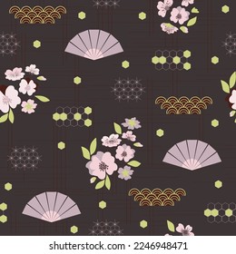 Cherry blossom, sweet floral seamless pattern, pink flowers, spring, Japanese sakura, cherry. Dark background. Hand drawn. Vector