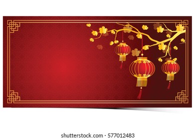 cherry blossom template with chinese lantern in chinese frame pattern vector illustration