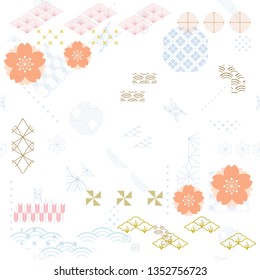 Cherry blossom template with Japanese pattern vector. Geometric background with natural elements.