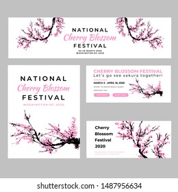 Cherry blossom template set with hand drawn branch with cherry flowers blooming.  Sakura blossoming festival banner. Chinese or Japanese traditional drawing. Vector.
