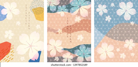 Cherry blossom template vector. Japanese pattern with grunge texture. Flower background and landscape pattern.
