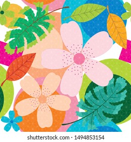 Vector de plantilla de flor de cerezo. Patrón japonés con textura. Fondo de las flores y patrón paisajístico. Fondo abstracto con hojas, flores y formas para imprimir en pantalones t, papel tapiz, envoltura