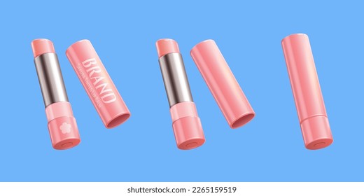 Cherry blossom tinted lip balm set isolated on blue background. Including pink tube with and without label, open lip balms and caps.