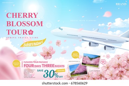 Cherry blossom tour ad, spring travel guide for travel agency or blog with flying flowers and aircraft in 3d illustration