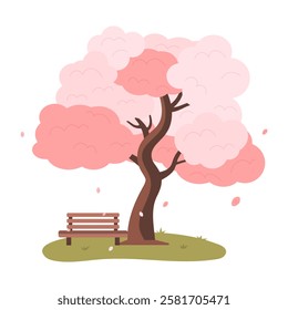 Cherry blossom tree with bench in a peaceful spring park. Flat design. Vector illustration isolated