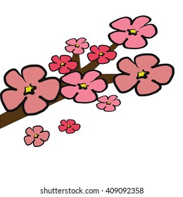 Cherry Blossom tree branch  illustration with pink 5 petals isolated on white background