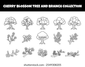 Cherry blossom tree and branch outline vector illustration set