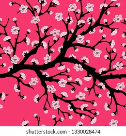 Cherry blossom tree branch. Spring seamless pattern.