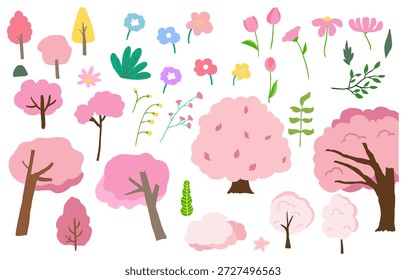 Clipart del árbol de la flor del cerezo fijado con las flores, el árbol, las ramas, y las hojas de Sakura