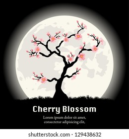 Cherry Blossom tree in front of the Moon White. Vector