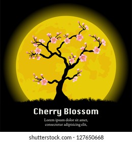Cherry Blossom tree in front of the yellow Moon. Vector