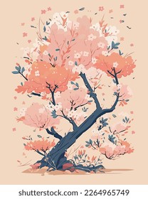 Cherry blossom tree in full bloom, illustration in pastels colors