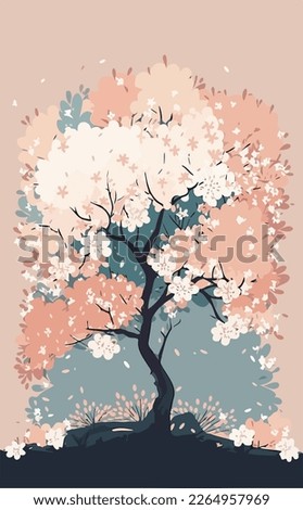 Cherry blossom tree in full bloom, illustration in pastels colors
