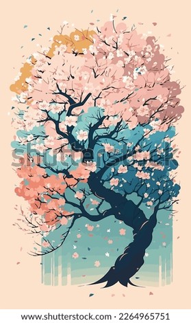Cherry blossom tree in full bloom, illustration in pastels colors