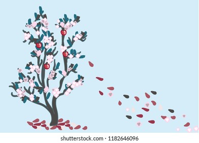 cherry blossom tree  hand drawn vector art on blue background.Retro color tone.