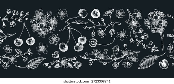 Ilustraciones vectoriales dibujadas a mano del cerezo en flor. Bocetos de flores de Sakura. Fondo sin fisuras de Antiguas. NO se ha generado IA