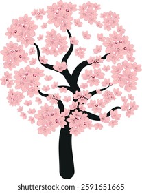 Cherry Blossom Tree icon Modern Logo linocut vector, Botanical Flower Tree Illustration. 
