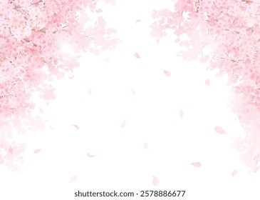 Cherry blossom tree with Japanese bush warbler - beautiful light pink cherry blossoms and petals spring watercolor white background frame background clipart