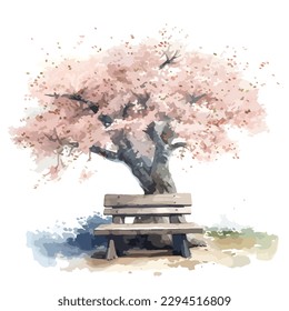 Cherry blossom tree and a park bench in watercolor