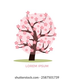 Cherry blossom tree with pink flowers in springtime setting on a grassy area. Vector Illustration.