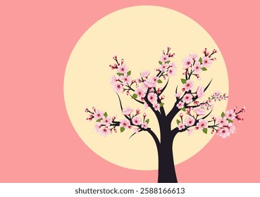 Cherry blossom tree with pink flowers against a radiant yellow background in a tranquil spring setting