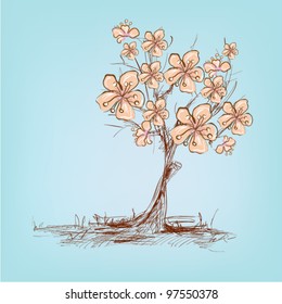 Cherry blossom tree, sakura free hand style on white background
