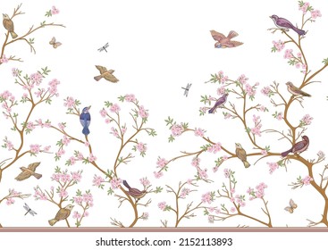 Cherry blossom tree, sakura. With sparrow, finches butterflies and dragonflies. Seamless pattern, background. Vector illustration in botanical style