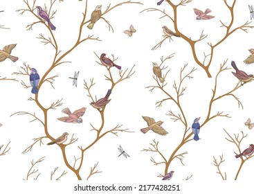 Cherry blossom tree, sakura. With sparrow, finches butterflies and dragonflies. Seamless pattern, background. Vector illustration in botanical style