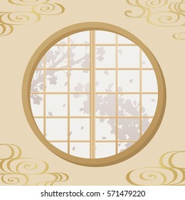 Cherry blossom tree silhouette that can be seen from the window of a Japanese style room.