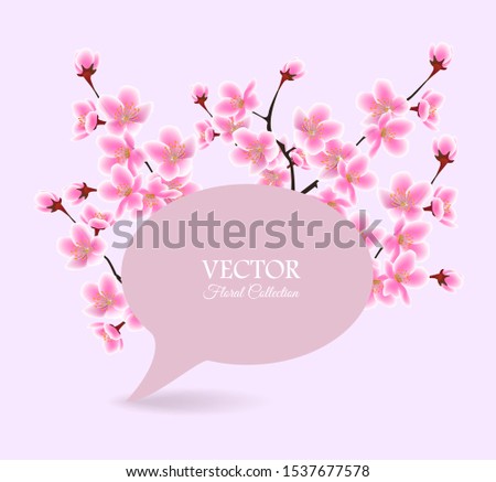 Cherry blossom tree spring banner - speech bubble text template with sakura branches coming out of it, realistic pink flowers for greeting card or decorative banner. Vector illustration.