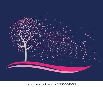 Cherry blossom tree. Spring blooming, sakura blossom vector illustration. Falling petals on the wind