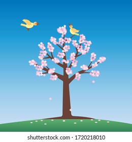 A cherry blossom tree and two birds and a. The japanese Sakara. Celebrating Hanami and springtime. Vector Illustration