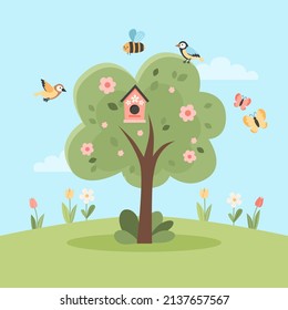 Cherry blossom tree, welcome spring card with cute elements. Hand drawn flat cartoon elements. Vector illustration