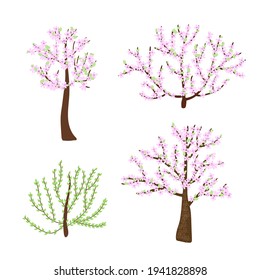 Cherry blossom trees, bushes set with delicate light pink flower branches in simple flat style, vector illustration for Welcome spring concept, greeting cards, banners, springtime events invitations